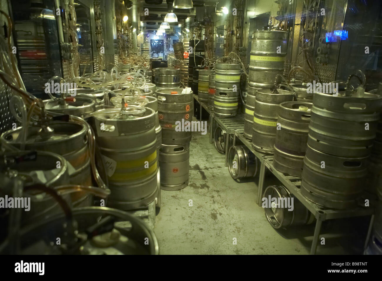 Barrels of beer - technical room of bar restaurant Stock Photo