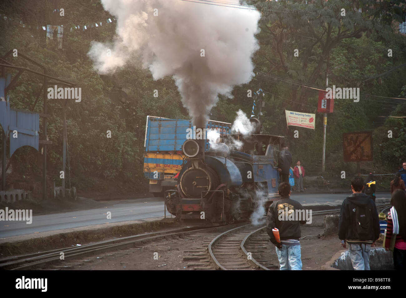 The Toy Train under steam comes into Darjeeling Station, India Stock Photo