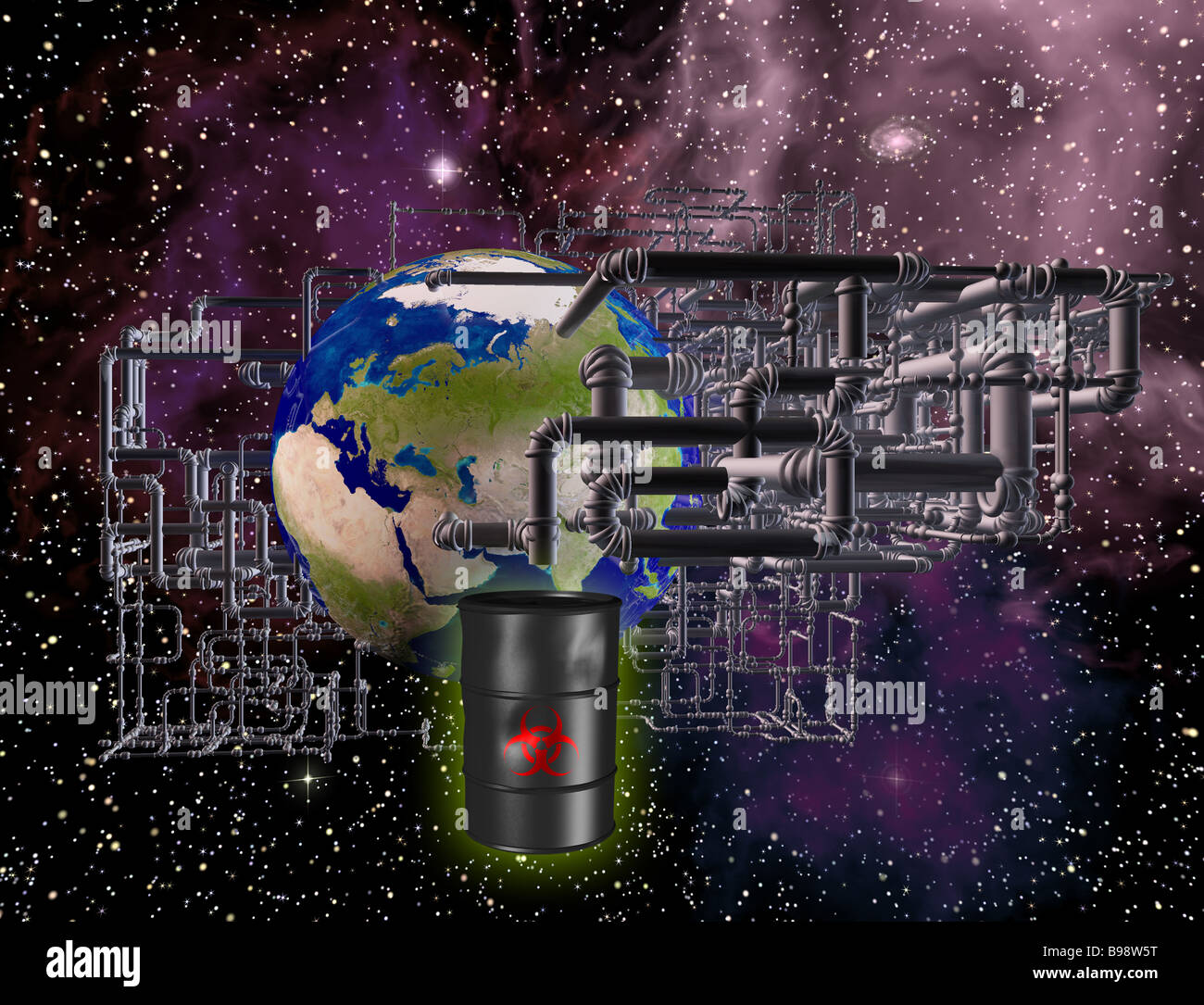 computer graphic image of the planet earth surrounded by a network of pipes suggesting toxic waste or oil refineries Stock Photo