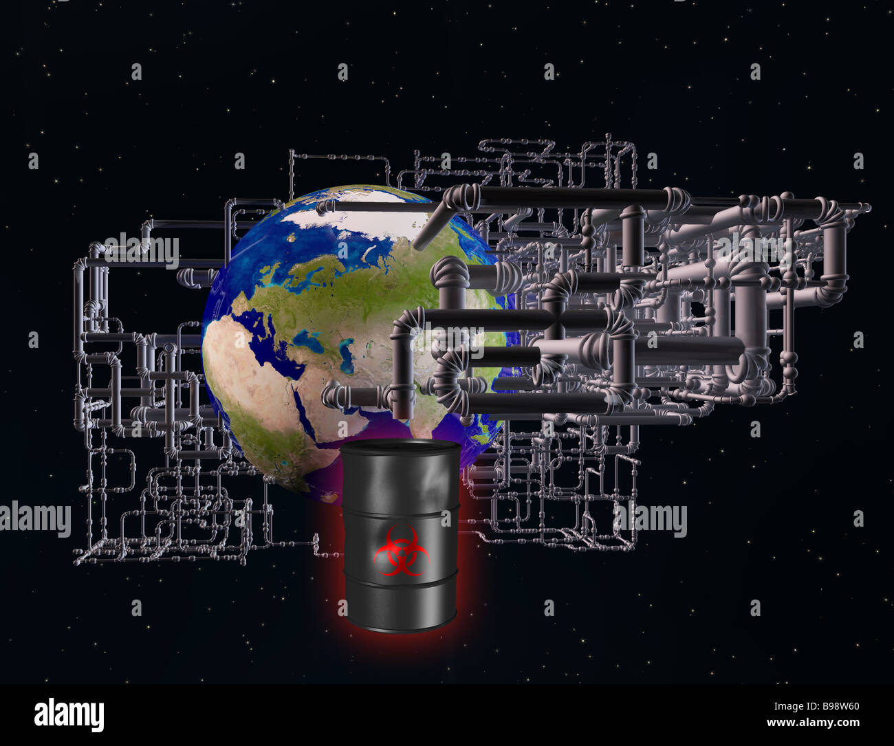 computer graphic image of the planet earth surrounded by a network of pipes suggesting toxic waste or oil refineries Stock Photo