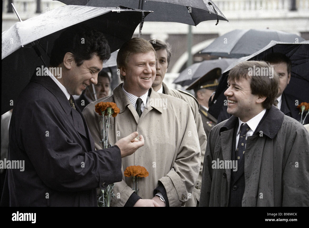 From left to right Boris Nemtsov First Deputy Prime Minister Anatoly Chubais First Deputy Prime Minister and Valentin Yumashev Stock Photo