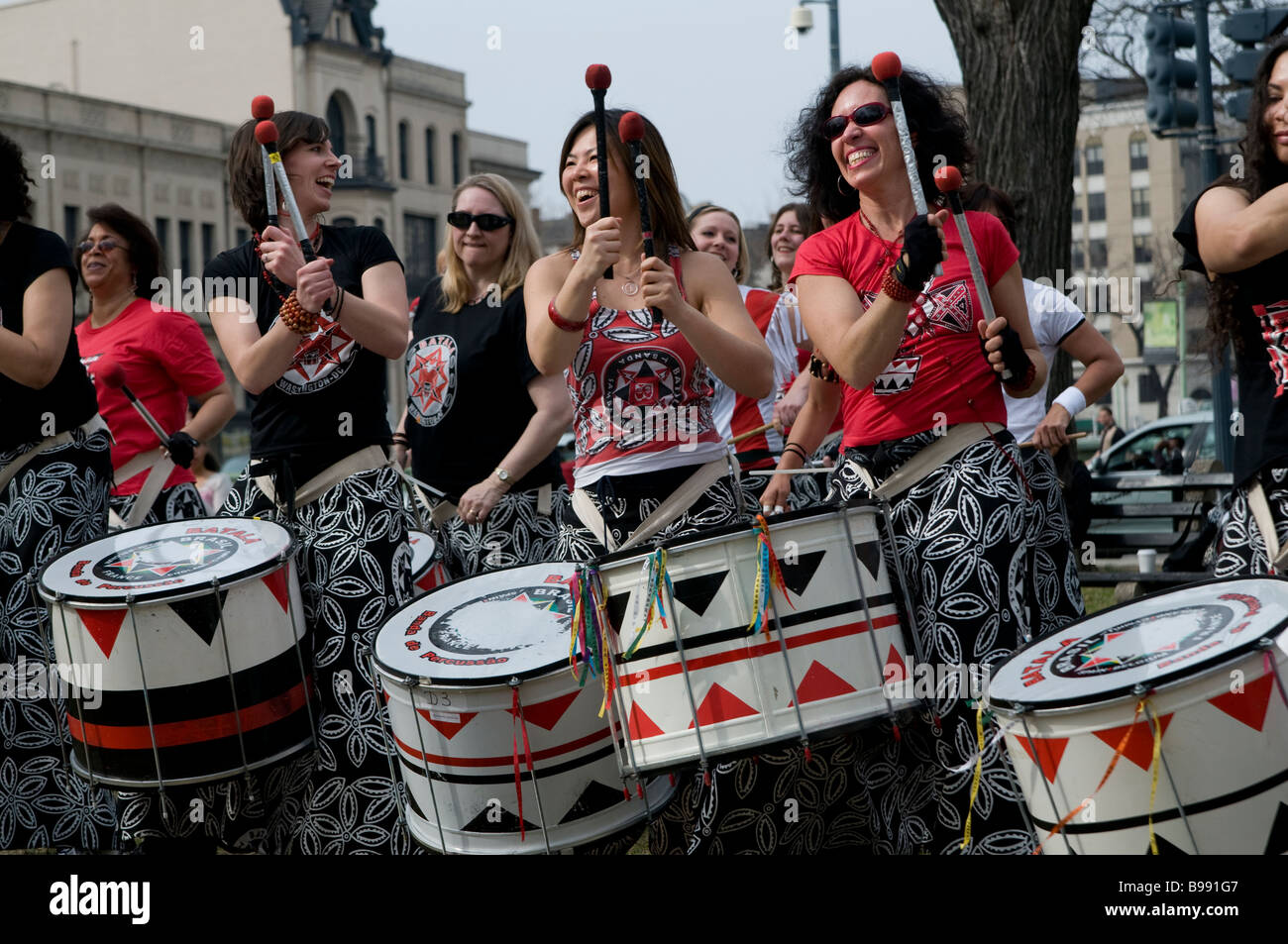 Batala Percussion Band of Washington D.C. during a Dupont Circle Performance. Stock Photo