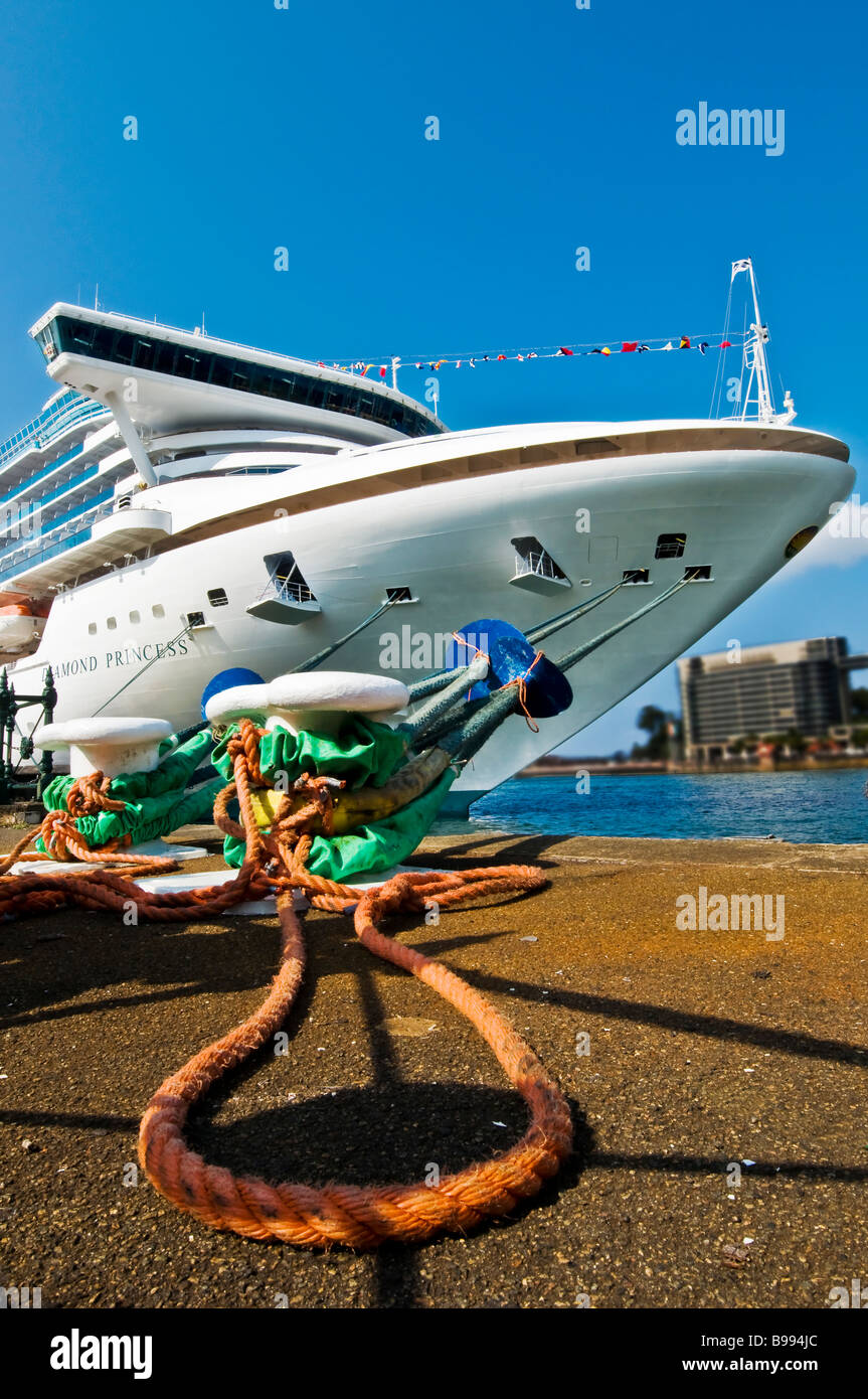 The Diamond Princess docked in Sydney Harbour in February 2009 with mooring lines Stock Photo