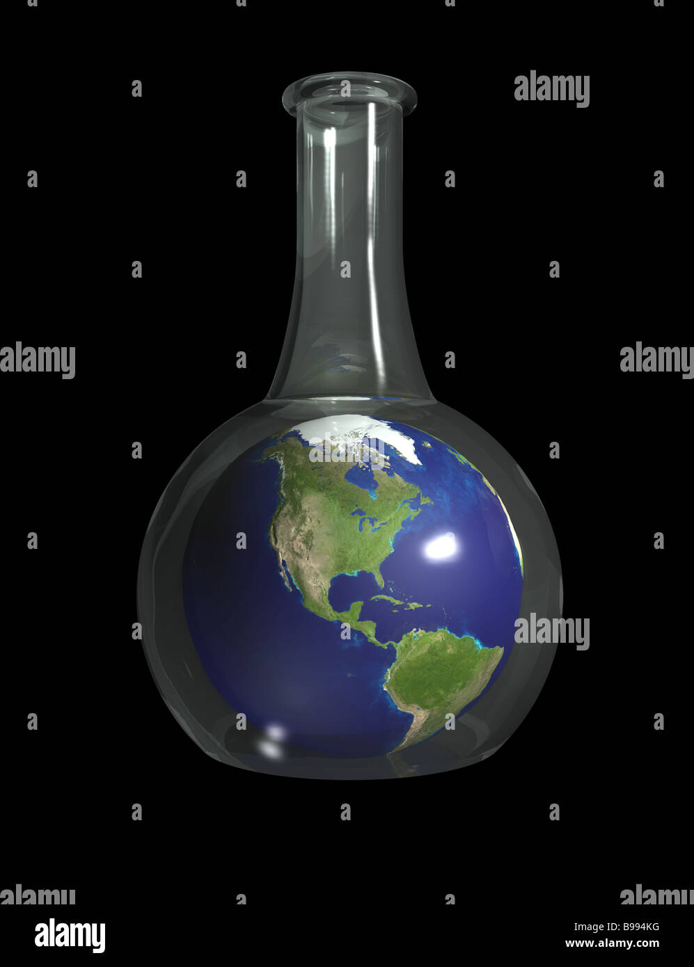 Earth globe, showing North America, suspended in a beaker as viewed from outer space Stock Photo