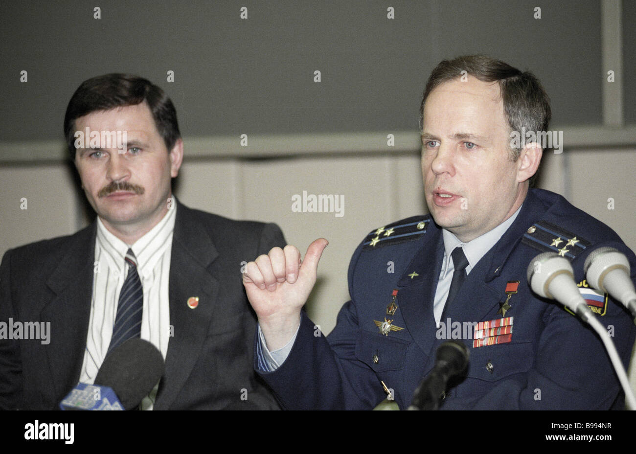 Russian cosmonauts Anatoly Solovyov right and Nikolai Budarin left ...