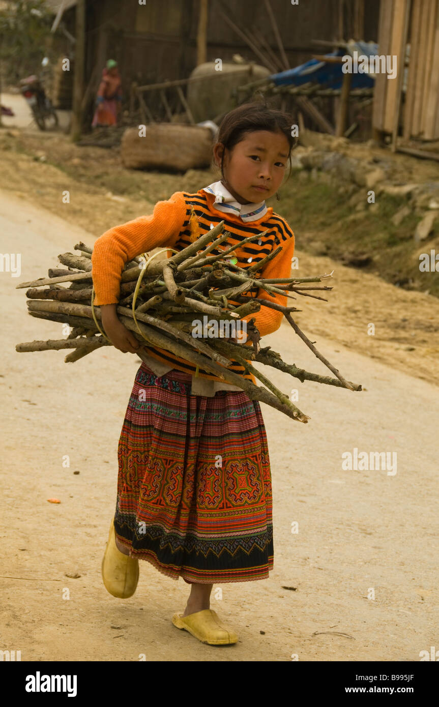 Flower Hmong girl carrying home firewood from the market in Cau Son near Bac Ha Vietnam Stock Photo