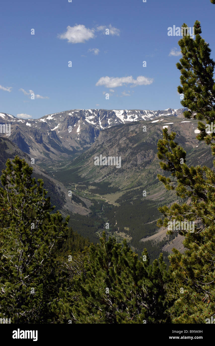 National park Absaroka- Beartooth range Deep valley View to mountains Jagged peaks Snow covered Stock Photo