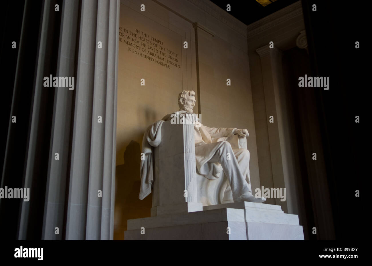 Inside famous Lincoln Monument building with statue of Lincoln in Washington DC USA Stock Photo