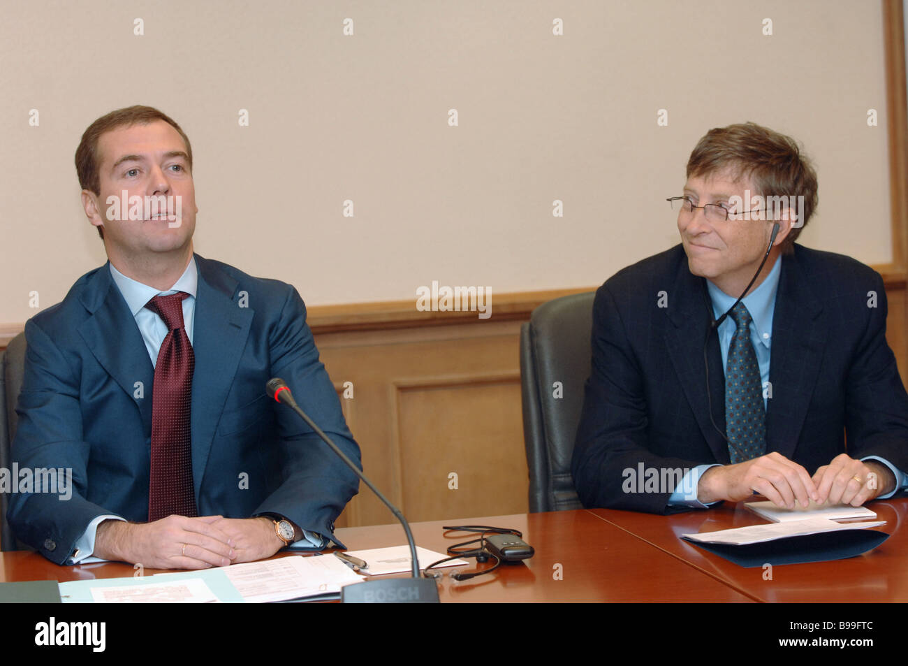 Dmitry Medvedev Russia s First Deputy Prime Minister left and Bill Gates Microsoft Chairman hold conference at the Alexander Stock Photo