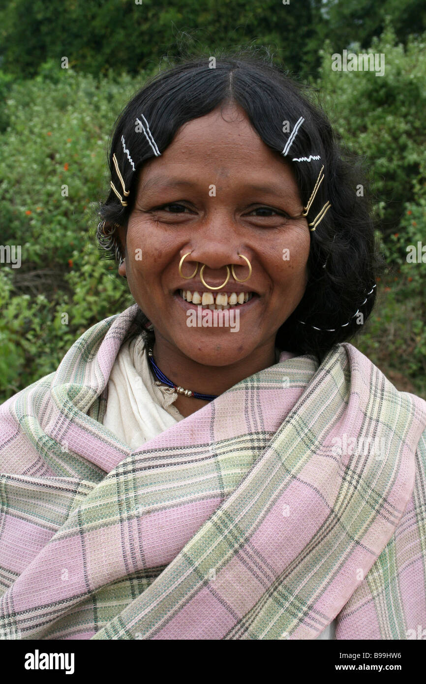 Portrait of Dongariya Kondh Tribe Woman with Nose Rings and Hair Slides Stock Photo