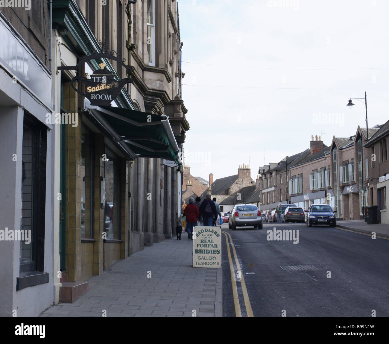 Forfar street scene with bakery and Bridie sign Angus Scotland March