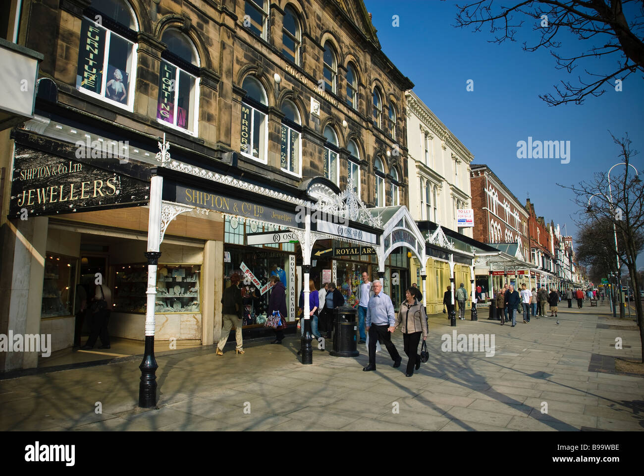 Shops in Lord Street in Southport showing the entrance to the Royal