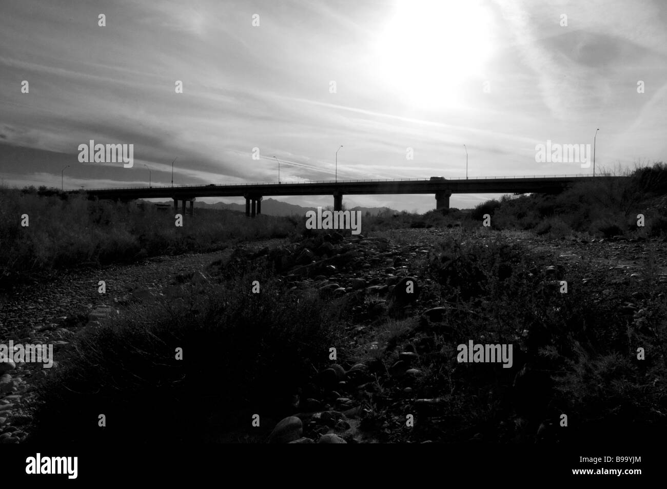 Seventh Avenue bridge over the Salt River in Phoenix Arizona, black & white version Stock Photo
