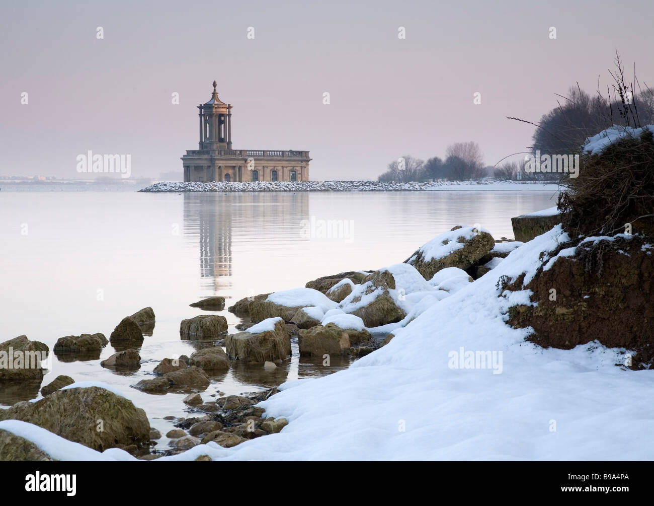 Normanton church museum looking across Rutland Water Oakham after winter snowfall Stock Photo