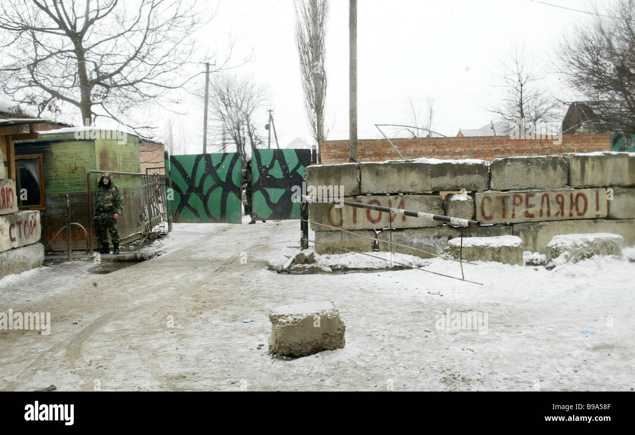 The entrance to the premises of the Vostok battalion base settlement of ...