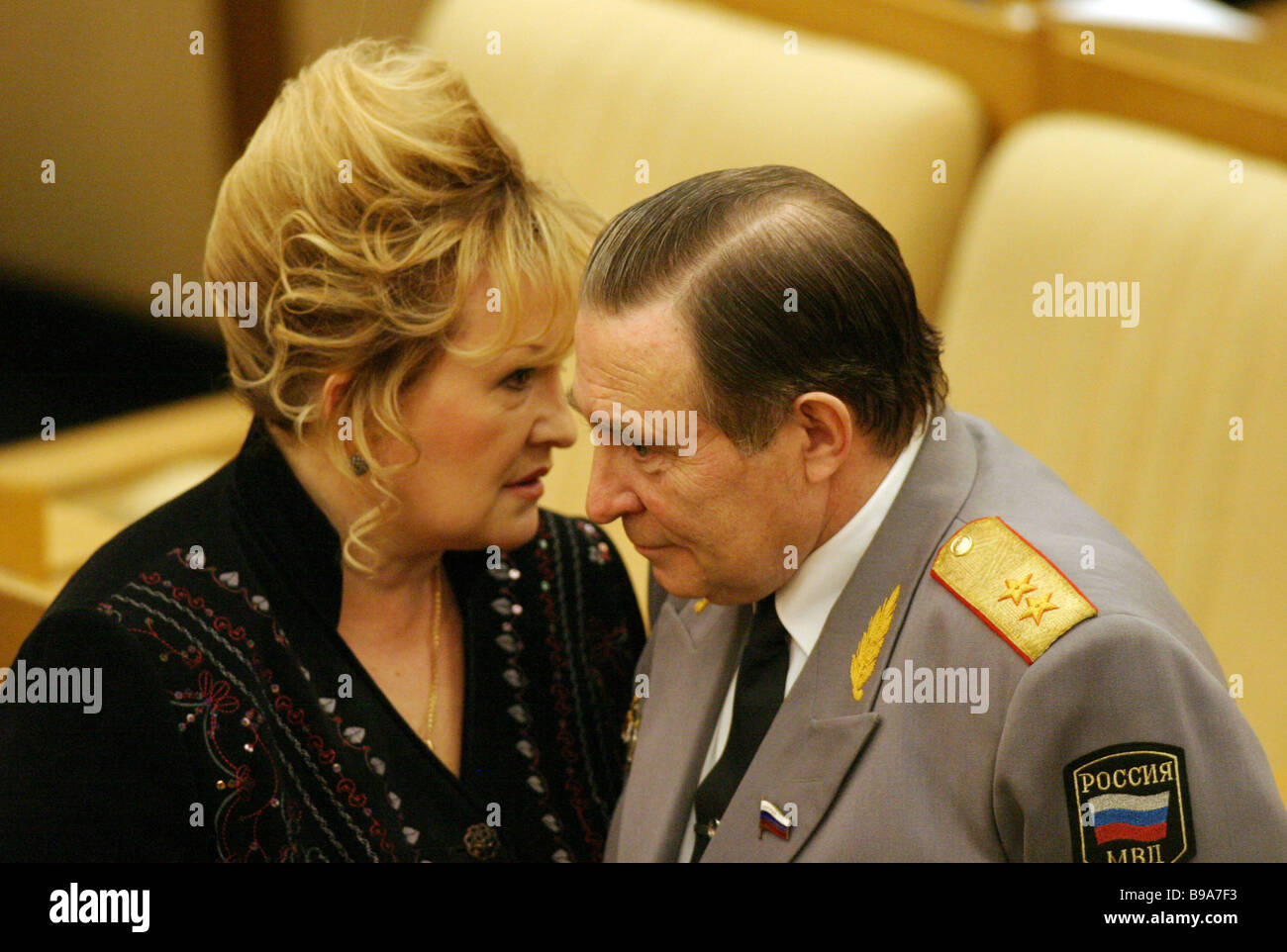 The State Duma First Vice Speaker Lyubov Sliska and Alexander Gurov of the Security Committee at a plenary session Stock Photo