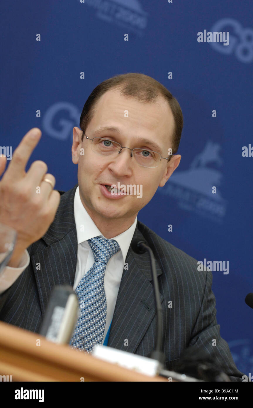 Sergei Kiriyenko head of the Federal Agency for Nuclear Power giving a briefing on the sidelines of the G8 summit Stock Photo