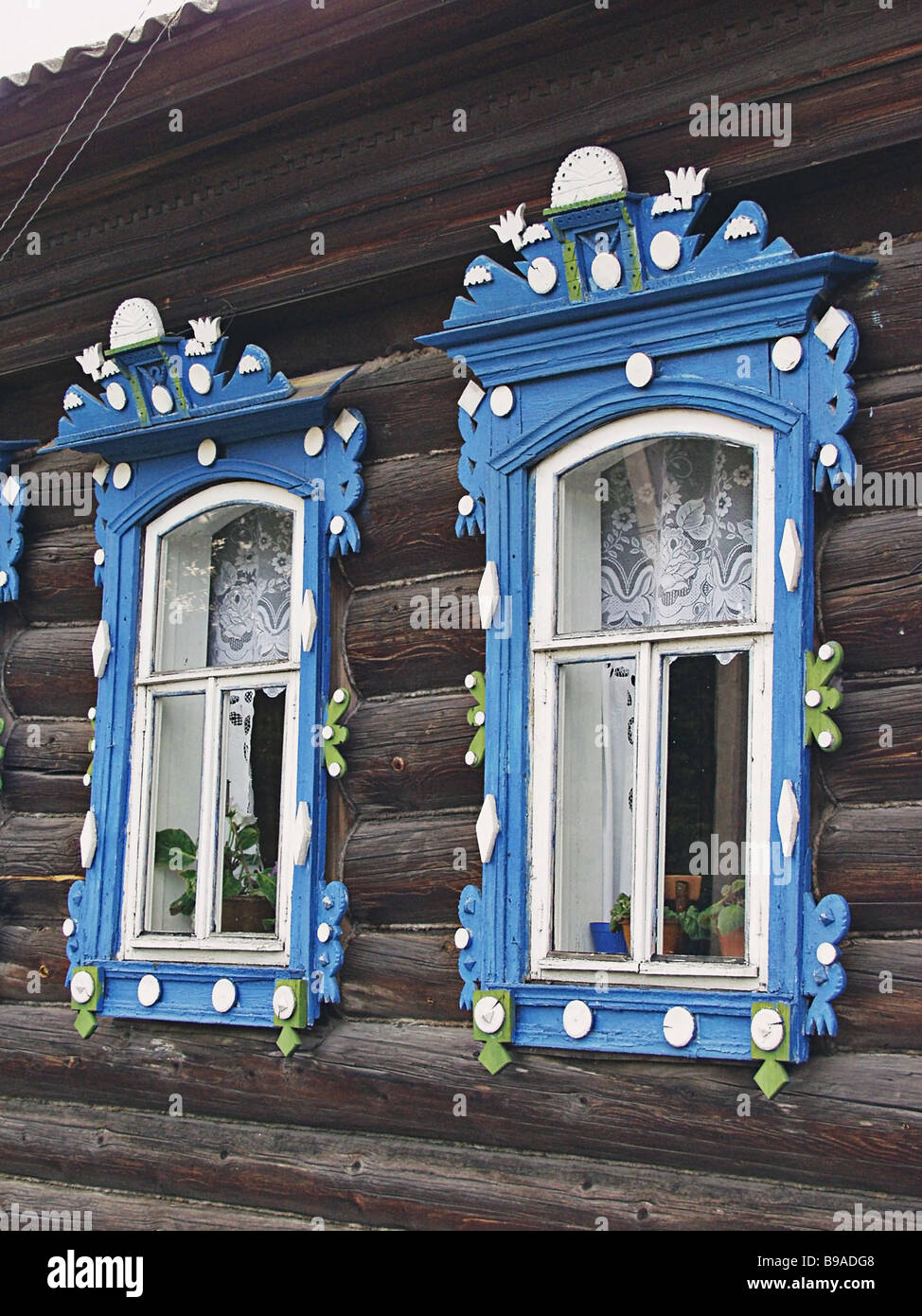 Carved window frames of a wooden house 1900ies in the town of Semyonov