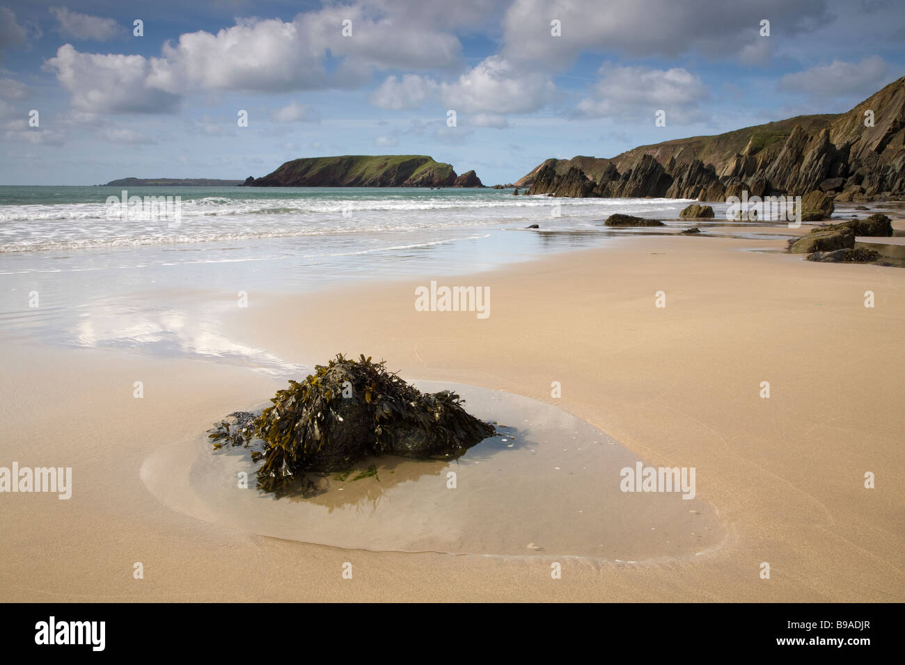Marloes Sands in South Pembrokeshire Wales, looking towards Gateholm Island at low tide Stock Photo