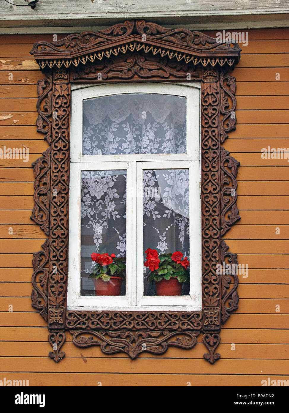 Carved window frames of a house in the town of Gorodets 19th century