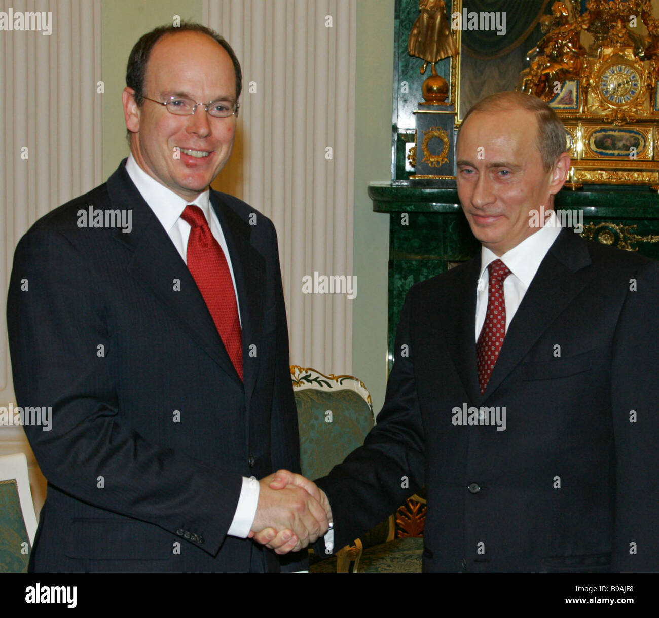 Albert II the Prince of Monaco left and Russia s President Vladimir Putin meet in the Kremlin Stock Photo