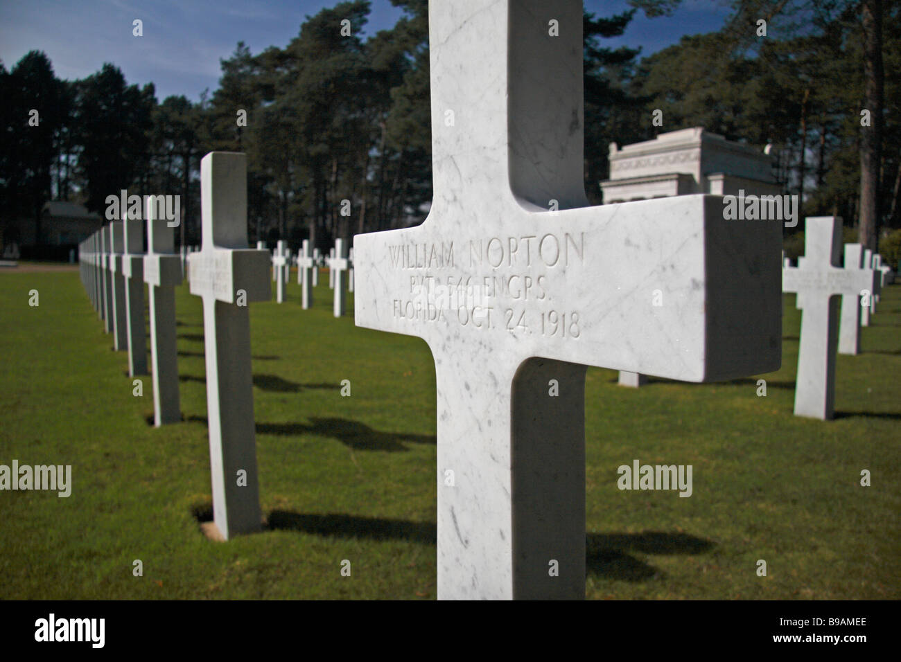 Cross headstones in the American section of the Brookwood Military Cemetery, Woking, England. Stock Photo