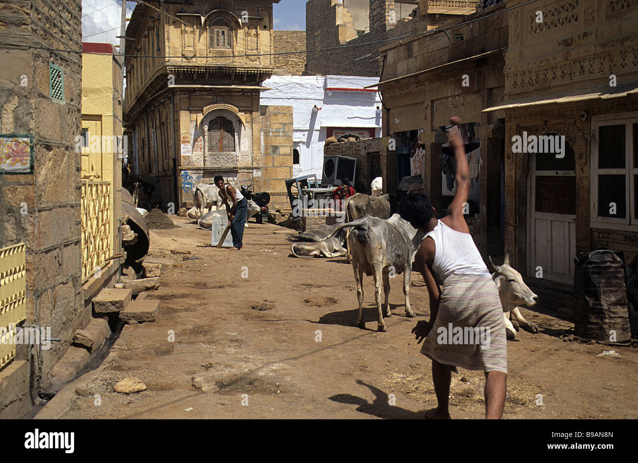 Jaisalmer, Rajasthan, India. Informal game of cricket being played in a back street. Stock Photo