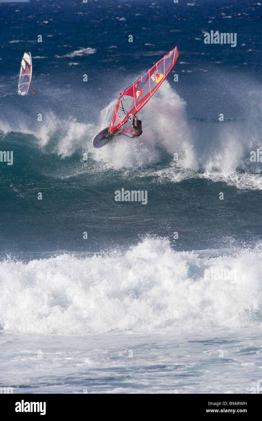 Windsurfing at Hookipa Beach Paia Maui Hawaii Stock Photo