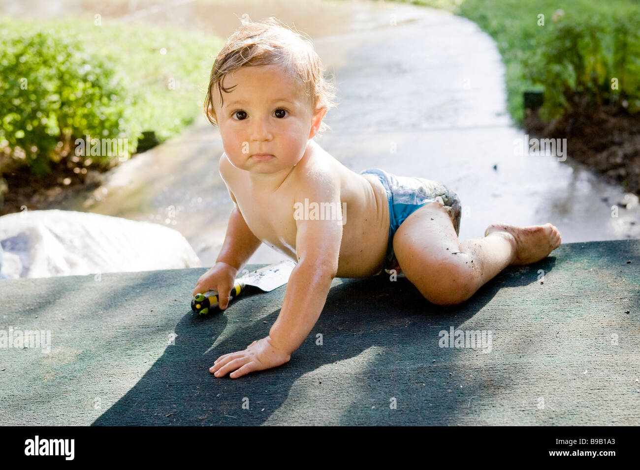 A wet diaper clad one year old boy looks at the viewer holding a small  gardening shovel Stock Photo - Alamy