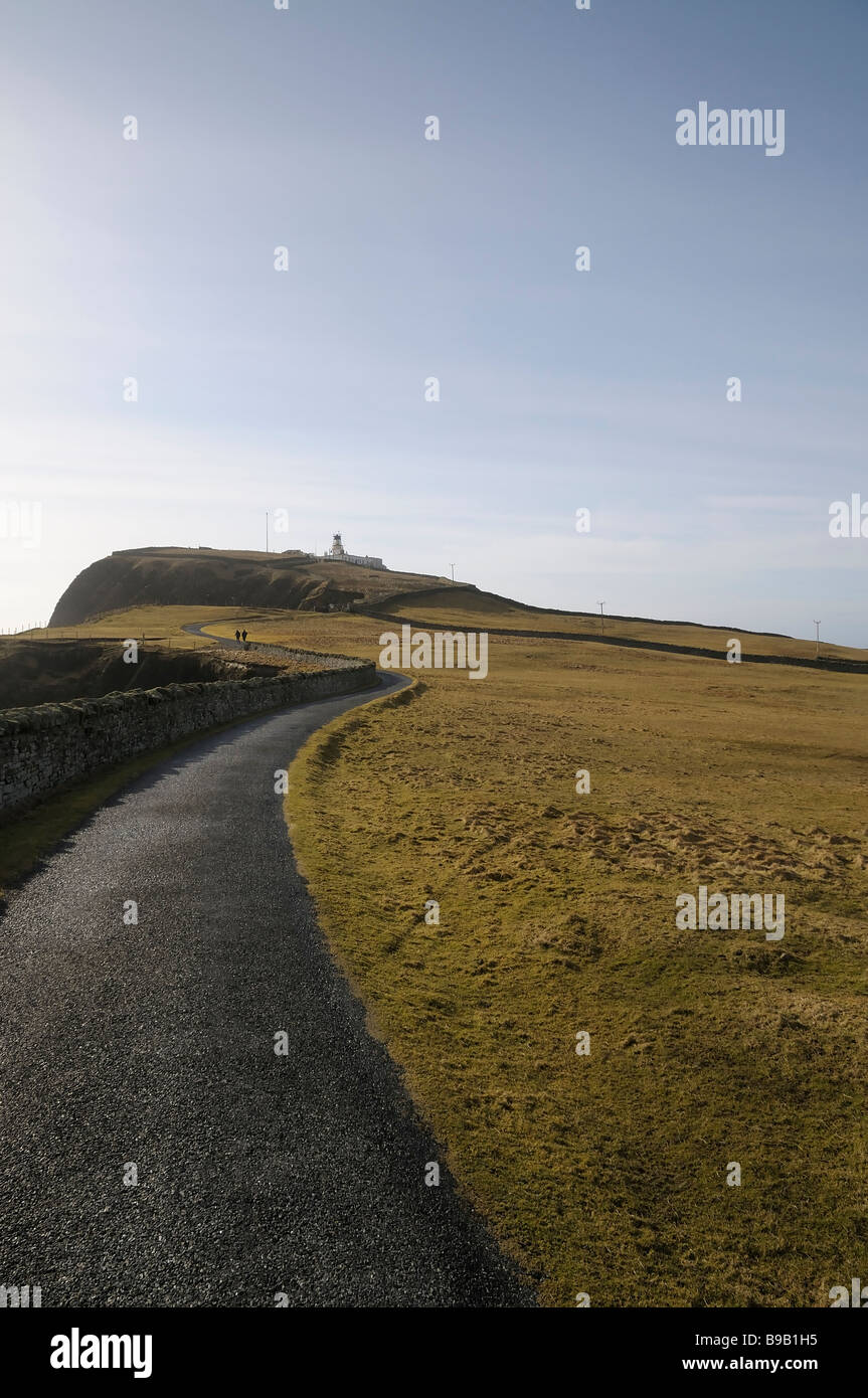 View of the path up to Sumburgh Head lighthouse and RSPB bird reserve, Shetland, Scotland. Stock Photo
