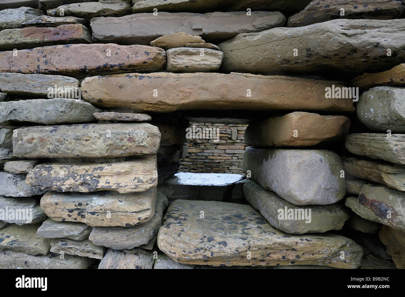 Detail of the stonework at Skara Brae, an ancient site of settlement on Orkney. Stock Photo