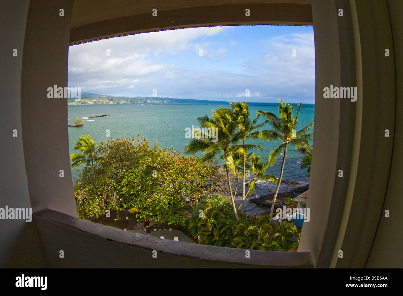 View of Hilo Bay from a Hotel window - Hilo, Big Island, Hawaii, USA Stock Photo