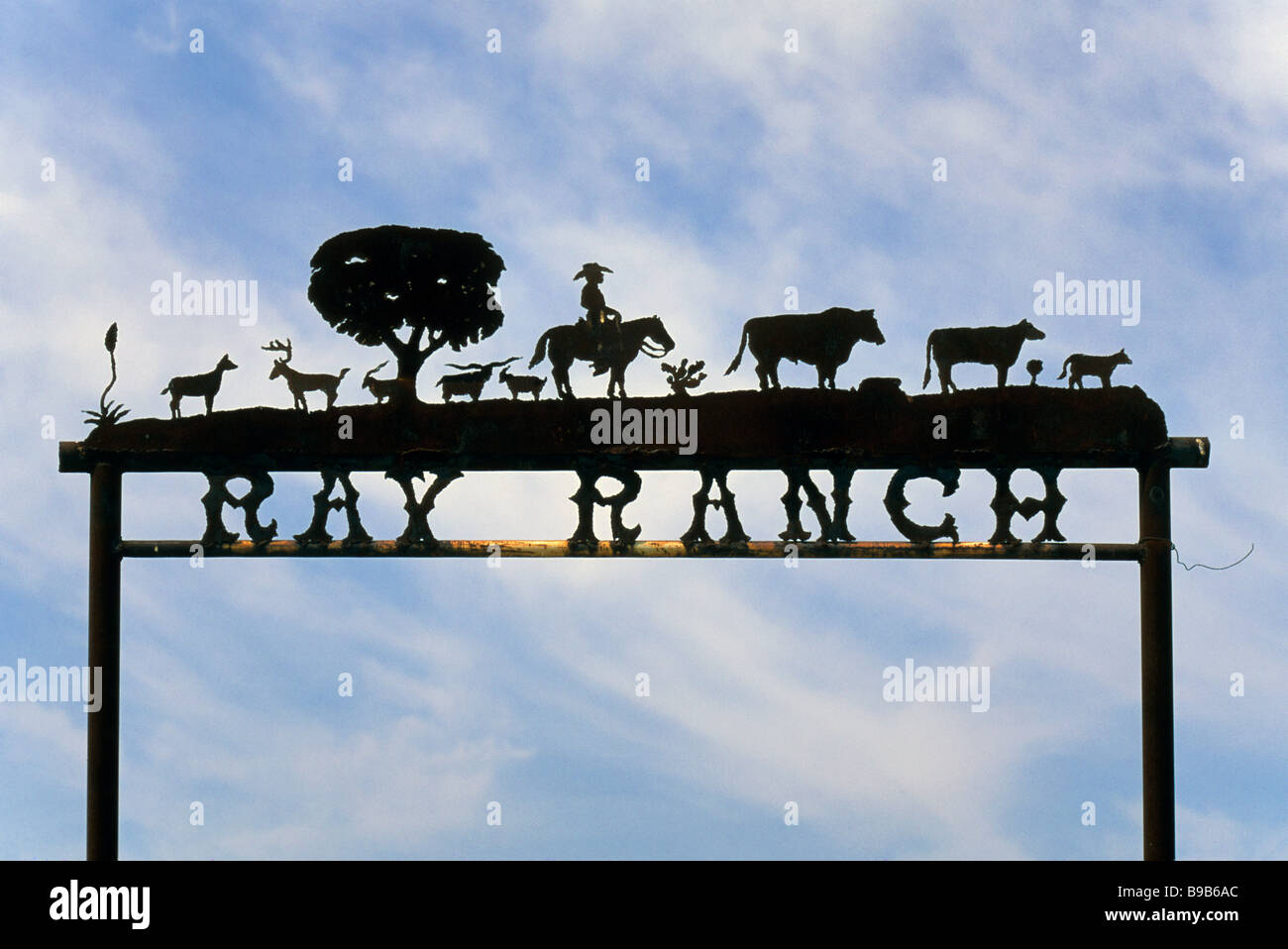 Wrought iron sign at ranch entrance on FM 189 road near Sonora at ...