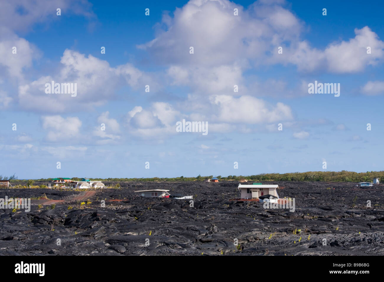 New housing on the lava flow that destroyed many houses in Kalapana, Big Island, Hawaii, USA Stock Photo