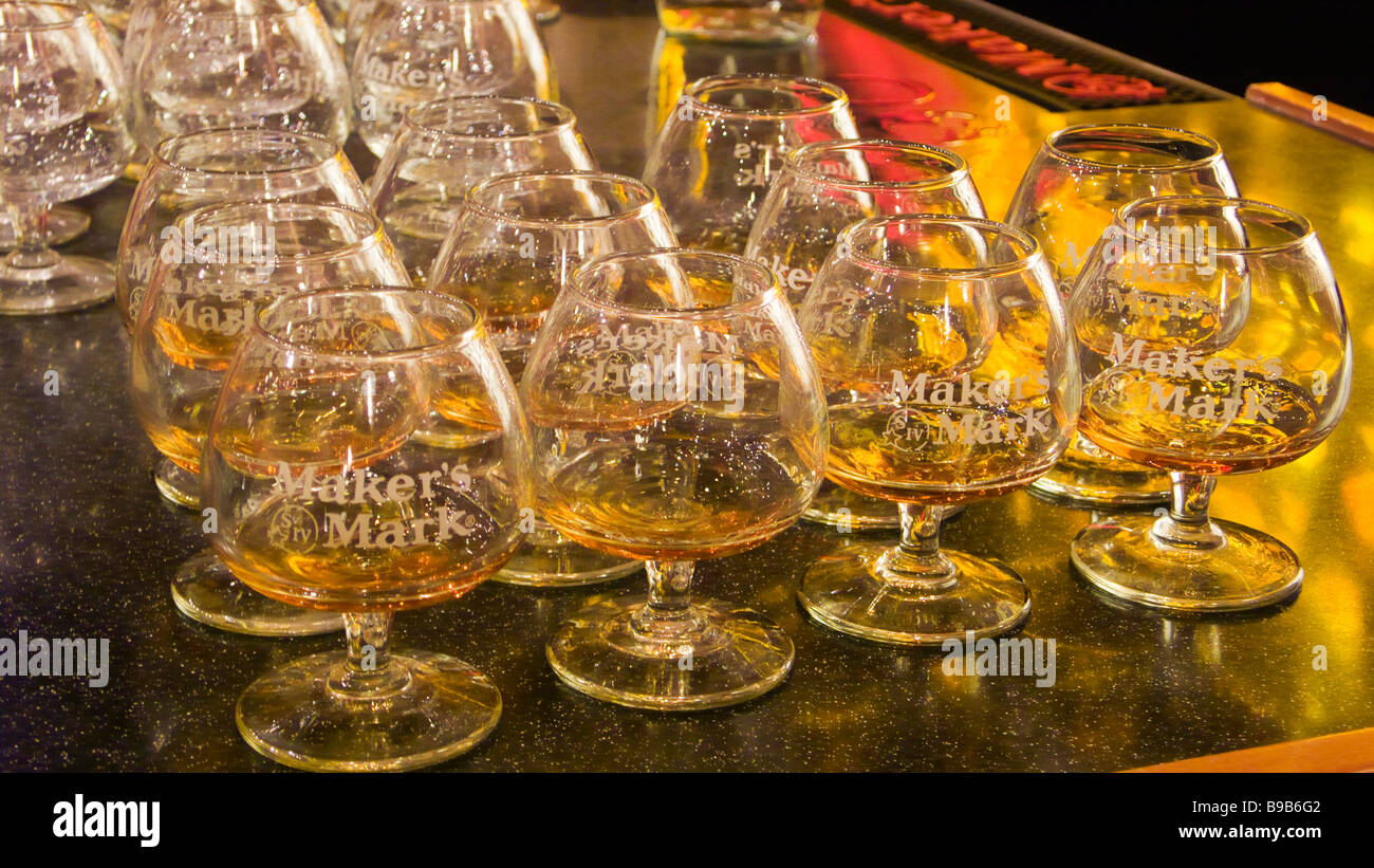 Whisky in glasses ready for visitors to try Maker's Mark Distillery Loretto Kentucky USA Stock Photo