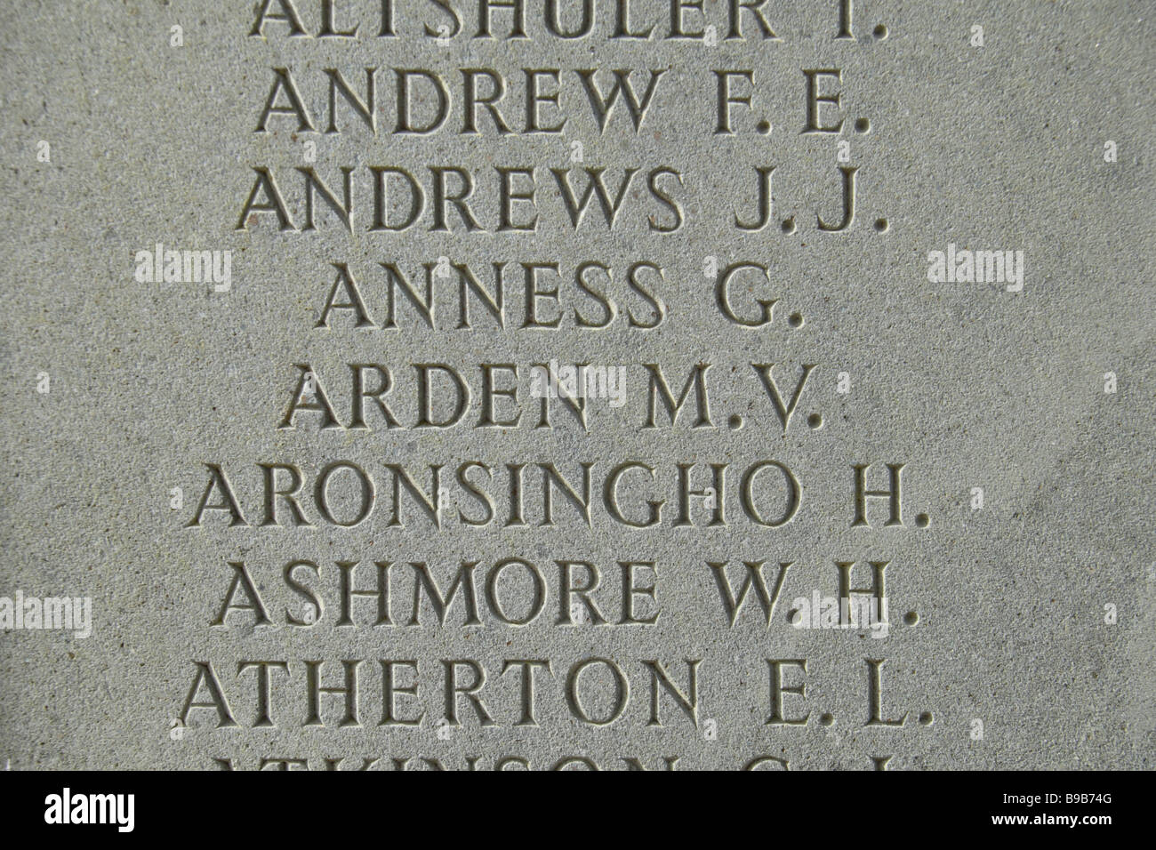 Some of the 3,438 names of WWII with no known grave in the Memorial to the Missing, Brookwood Military Cemetery, Woking. Stock Photo