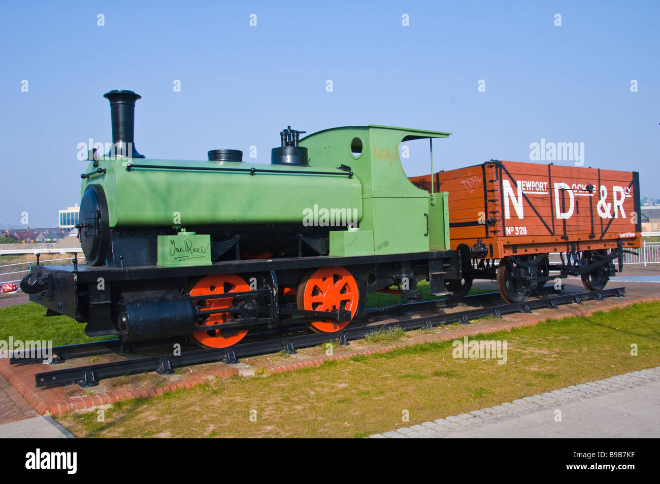 Steam train with truck displayed on the waterfront at Newport South Wales UK Stock Photo
