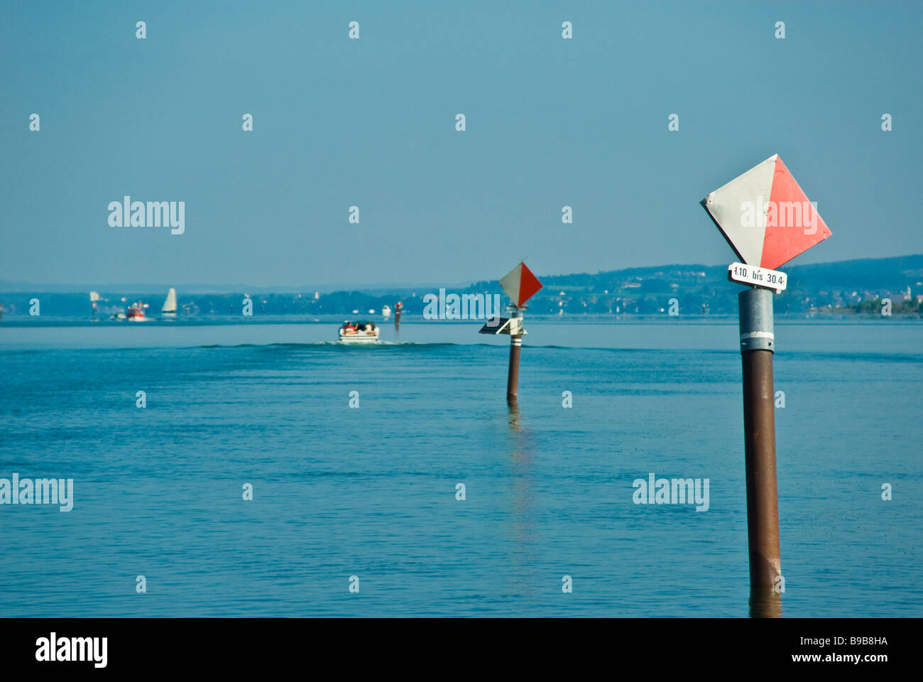Navigation marks at bay of Fussach, Lake Constance, Austria | Seezeichen in der Bucht von Fussach, Bodensee, Österreich Stock Photo