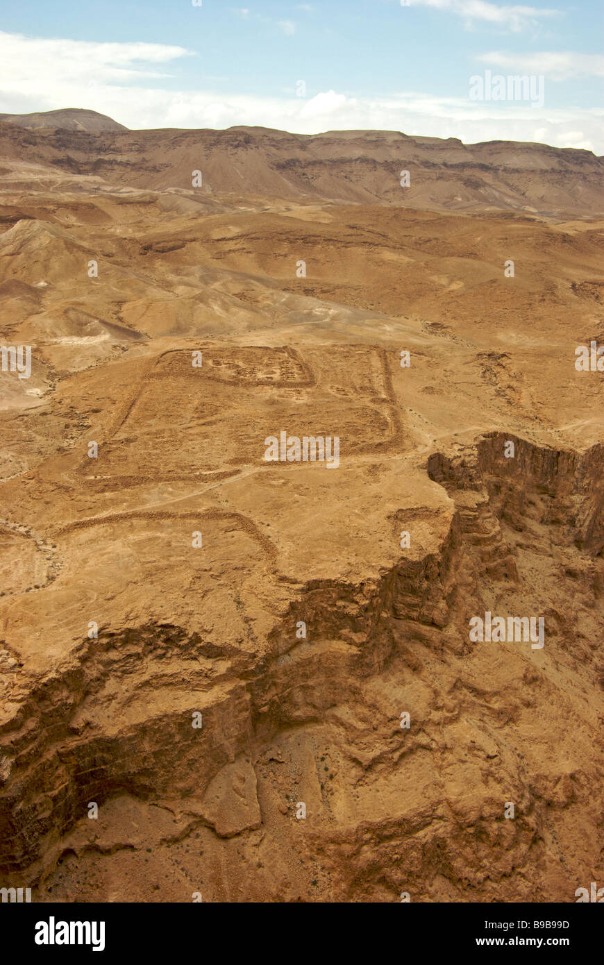 View of remnants of one of several Roman legionary siege camps just outside the circumvalliation wall from Masada fortress Stock Photo