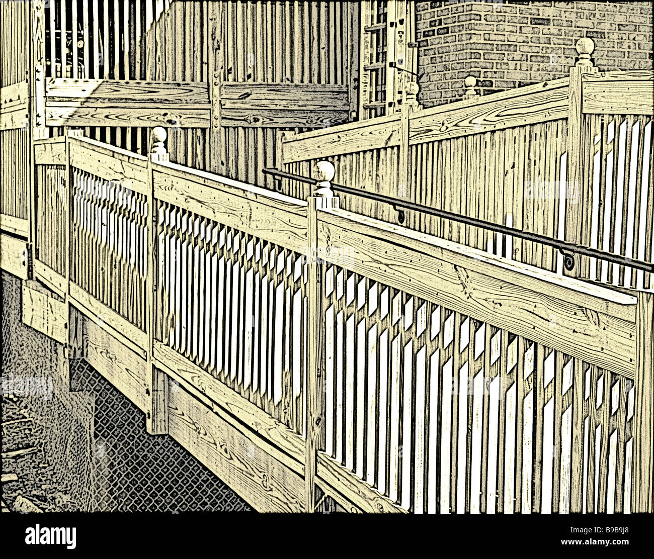 wood wooden railing stairwell outside sepia posts ramp Stock Photo - Alamy