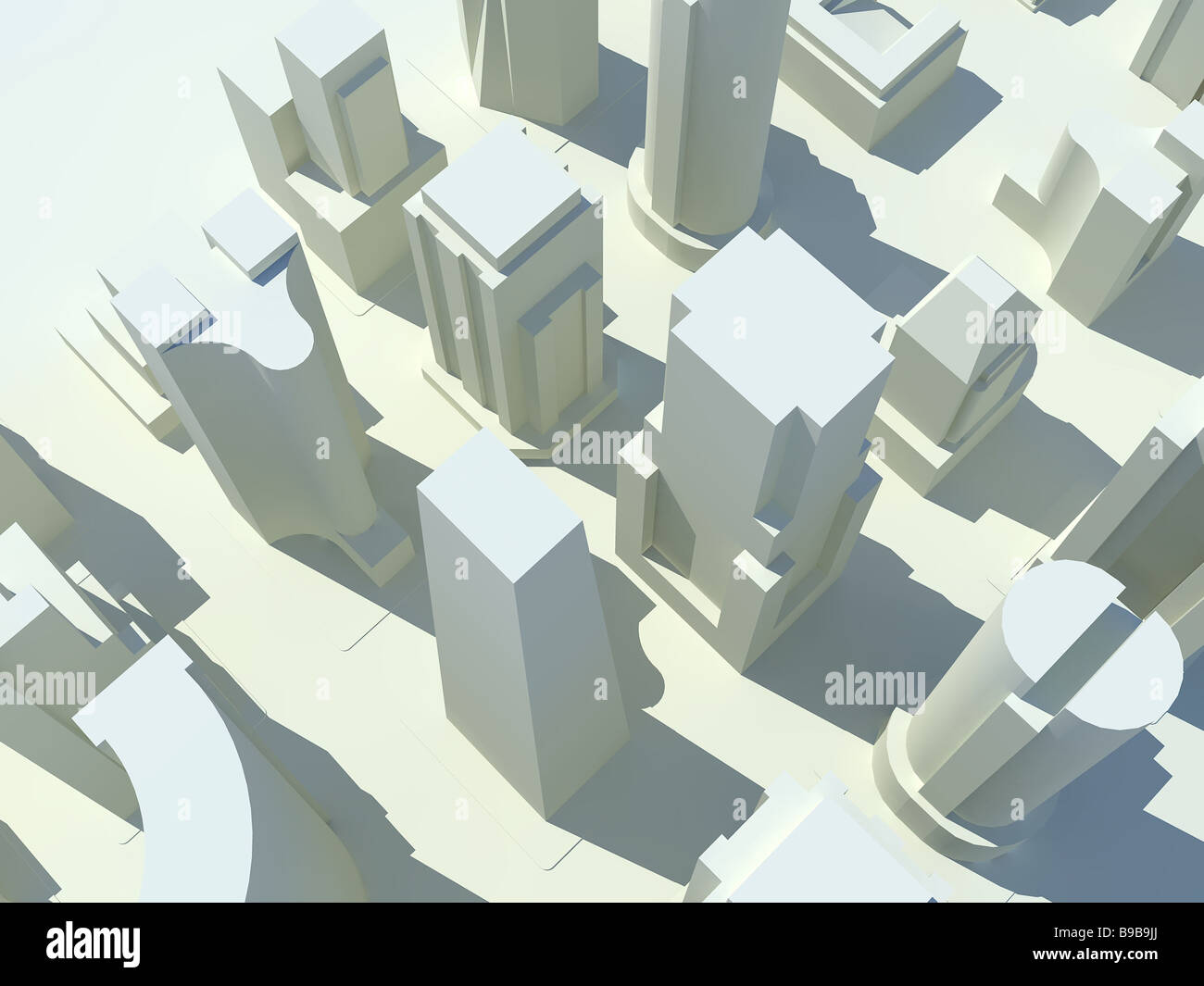 A bird s eye view of a three dimensional rendered city with all of the buildings in white Stock Photo