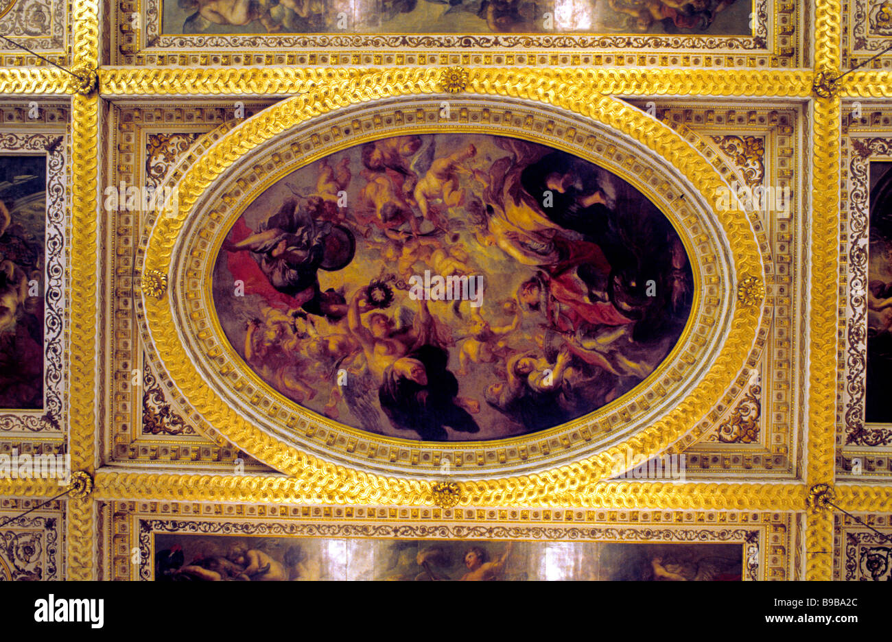 Banquetting House Rubens painted ceiling detail Whitehall London England UK 17th century painting gilt gilded Stock Photo