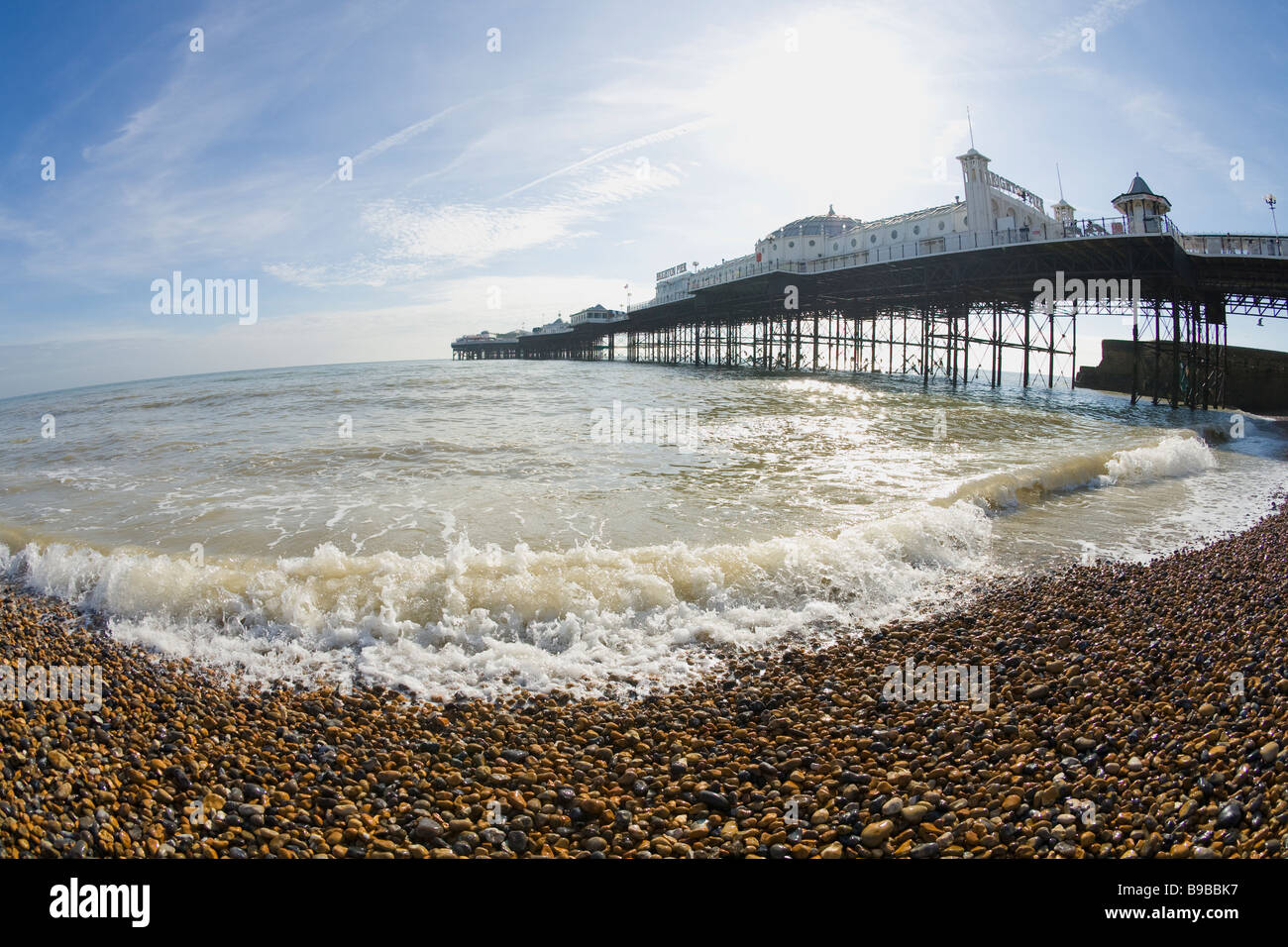 Brighton Pier and beach England UK United Kingdom GB Great Britain British Isles Europe Stock Photo