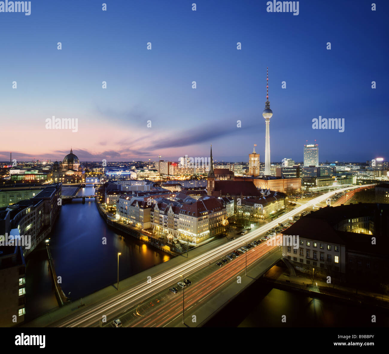 Nikolaiviertel Nikolai Quarter Berlin Germany 2009 with city center Berlin in background Stock Photo