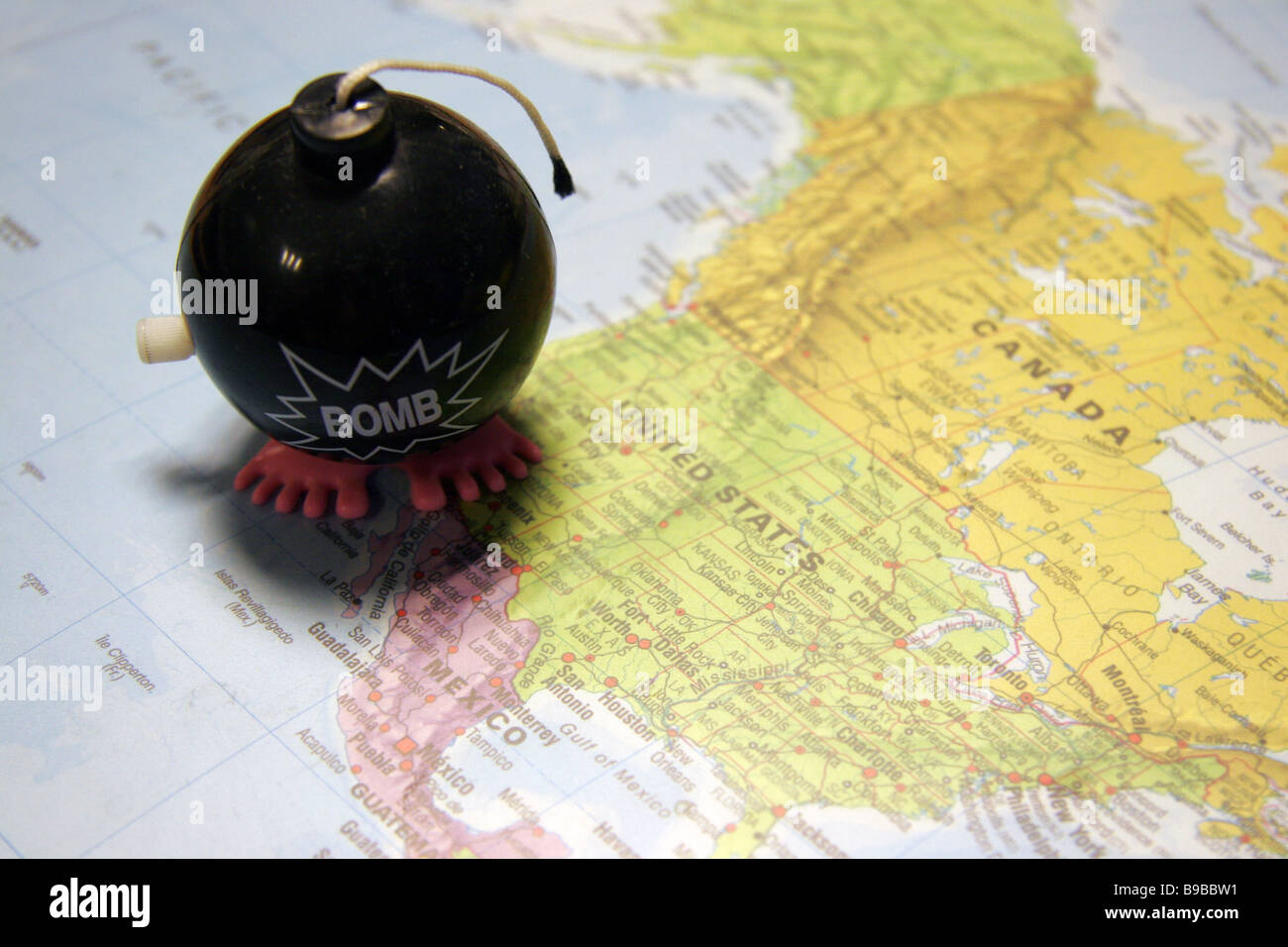 Toy bomb on map of North America Stock Photo