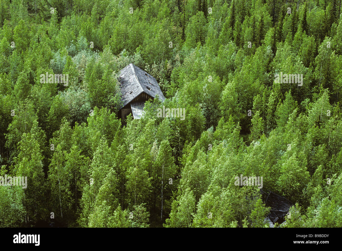 Aerial view of the deserted Stalin era gulag buildings from the Salekhard Igarka Railway in northern Siberia. Stock Photo