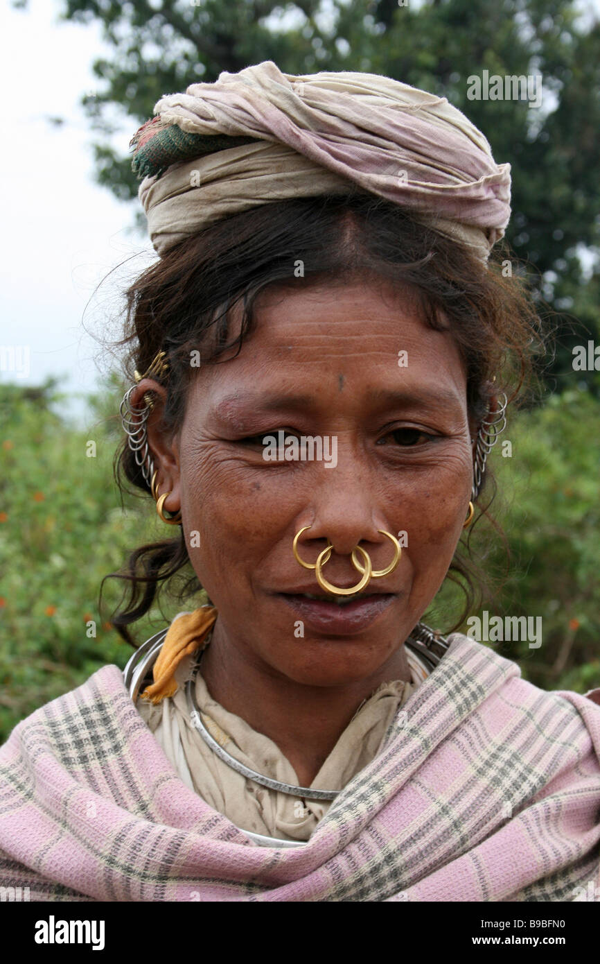 Portrait of Dongariya Kondh Tribe Woman with Nose Rings Stock Photo