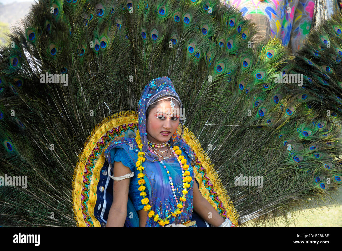Peacock feather dancers at the Jaipur Elephant Festival Stock Photo Alamy