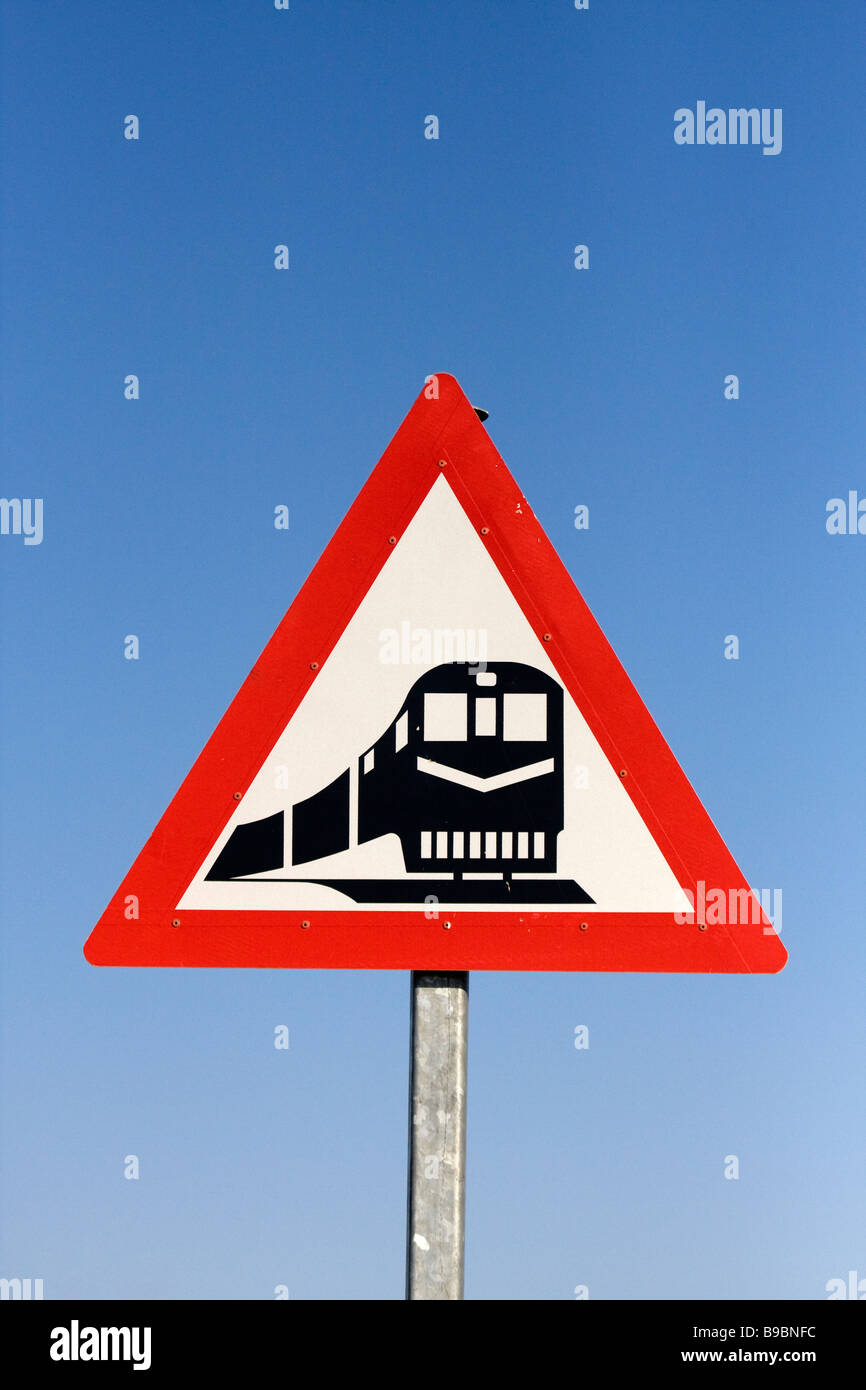 A road sign for a train crossing in the Northern Cape Province of South Africa Stock Photo