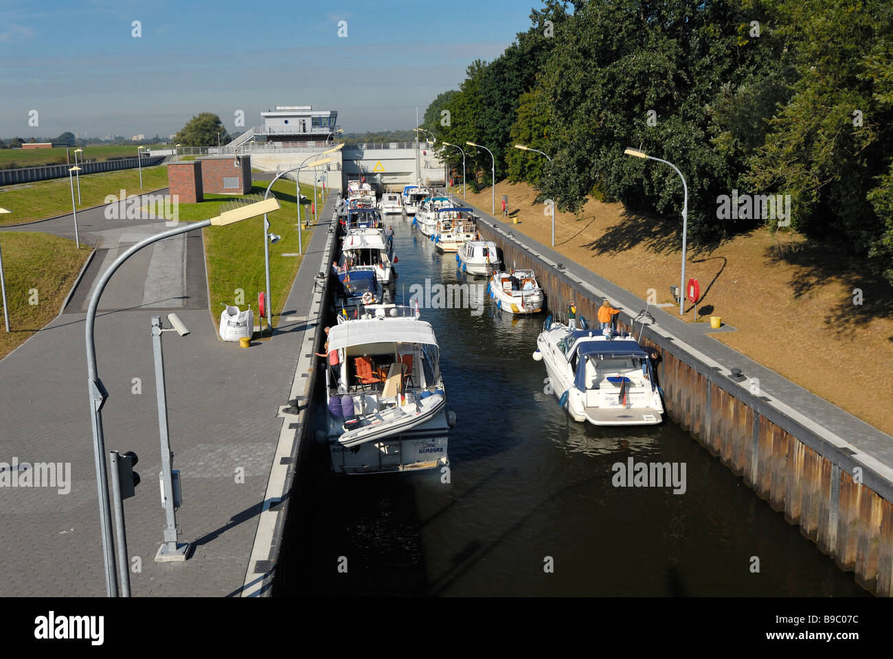 Motor boats at the watergate of Tatenberg, Vier- und Marschlande in Hamburg, Germany. Stock Photo